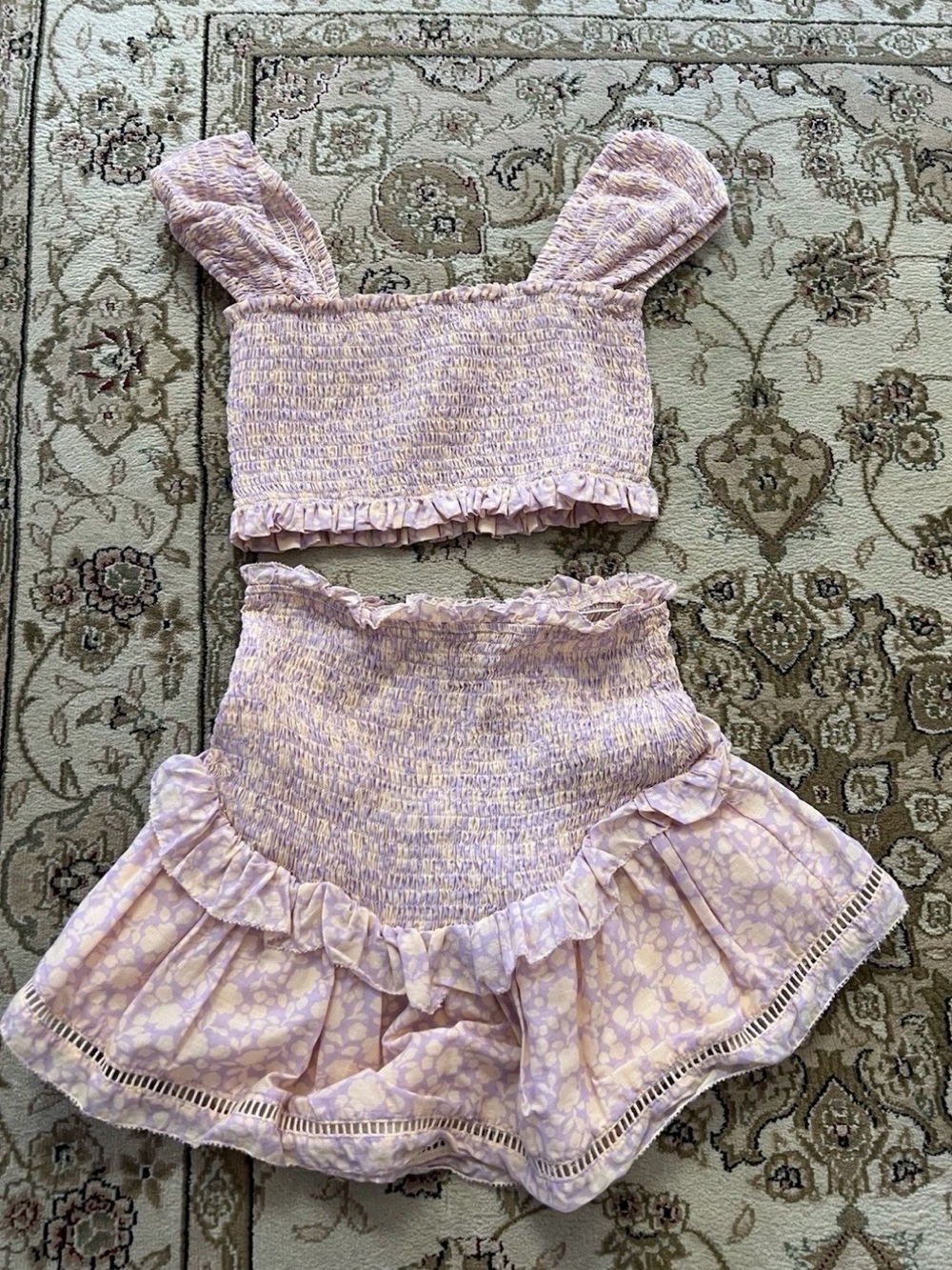 OLIVACEOUS Women’s Floral Smocked Ruffle Top & Skirt 2 Piece Set Size Small